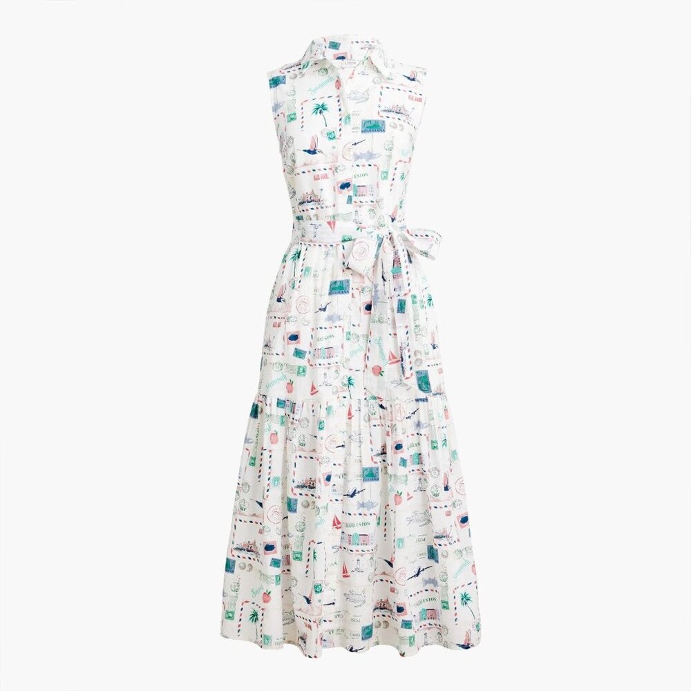 NWT J.Crew Factory Collared Midi in White Postcard Stamps Southern Shirtdress 14